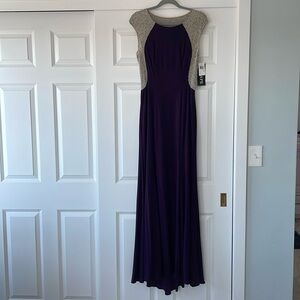 Xscape Purple Evening Gown with Silver Beaded Accents